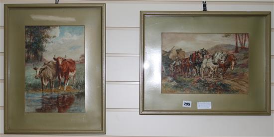 J. Valentine, two watercolours, Horses and carts and Cattle by the river largest 22 x 35cm